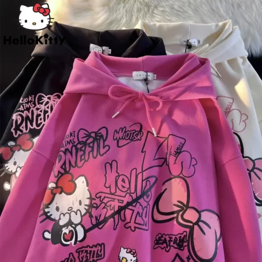 PfiWSanrio Hello Kitty New Print Tops Hooded Women Men Autumn Winter Aesthetic Loose Sweatshirts Y2k Cute