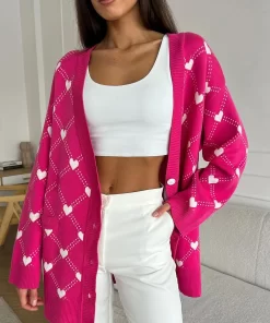 Pink Women's Oversize Cardigan with Hearts Print Cute Soft V neck Thin Knitted Jacket Winter Button Vintage Cardigan for Women