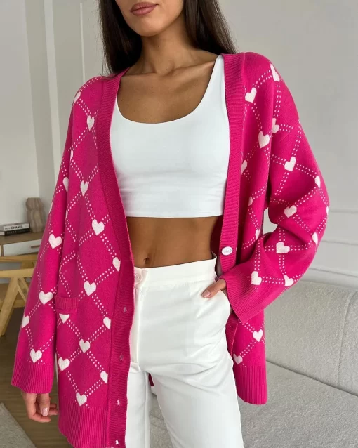 Pink Women's Oversize Cardigan with Hearts Print Cute Soft V neck Thin Knitted Jacket Winter Button Vintage Cardigan for Women