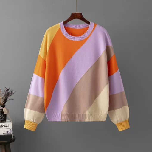 Q8lAFashion Oversized Stripe Stitching Pullovers Women Sweater Tops Autumn Winter Warm Ladys Pullover Knit Women Sweater