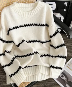 QLgyWomen Round Neck Stripe Sweater Thicken Warm Long Sleeve Pullovers Knit Jumpers Loose Casual Sweater For