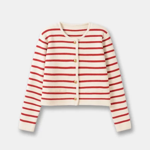QVlDWomen Single Breasted Striped Cardigan Jacket O Neck Long Sleeve Casual Slim Short Knitted Coat for