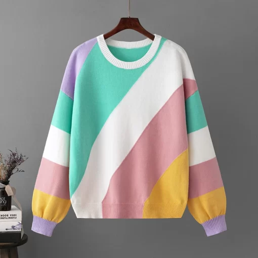 QZEnFashion Oversized Stripe Stitching Pullovers Women Sweater Tops Autumn Winter Warm Ladys Pullover Knit Women Sweater