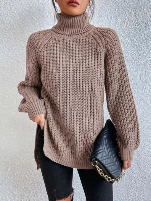 QaUUOversized Knitted Sweater Women Autumn Winter Casual Turtleneck Pullover Female Fashion Elegant Solid Color Jumper Warm