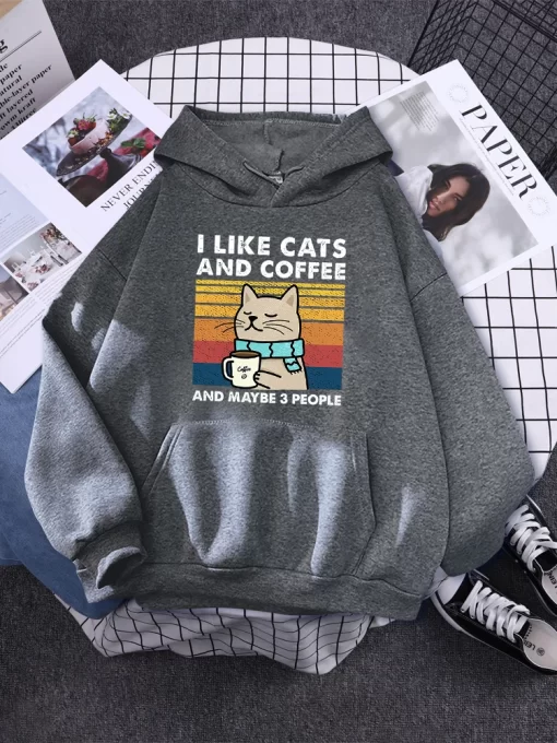 Qeq0i like cats and coffee Printed Women Hoody Kpop Comfortable Tracksuit Solid Hooded Sportswear Personality Warm