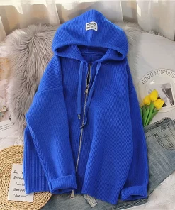 RYIu2023 Autumn Winter New Chunky Solid Color Hooded Knitted Cardigan Zipper Coat Sweater Women s Loose