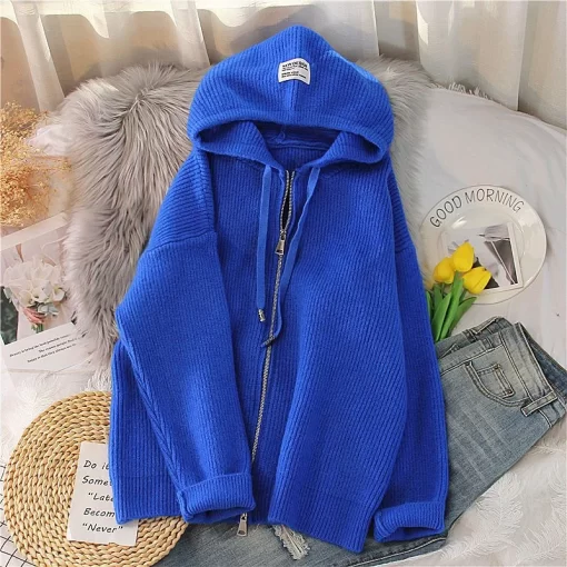 RYIu2023 Autumn Winter New Chunky Solid Color Hooded Knitted Cardigan Zipper Coat Sweater Women s Loose