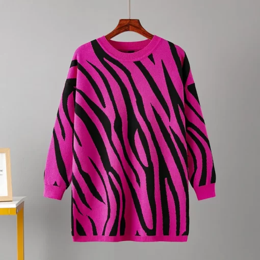 Rl1cFashion Zebra Pattern Casual Sweater Women Pullovers Winter New Korean Knit Pullover Sweater O Neck Knit