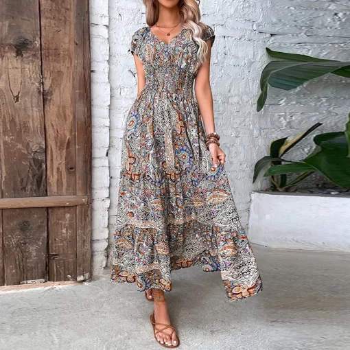 SOmaWomen Vintage Print Long Dress Summer Elegant V Neck Elastic Waist Maxi Dresses 2023 Holiday Bohe