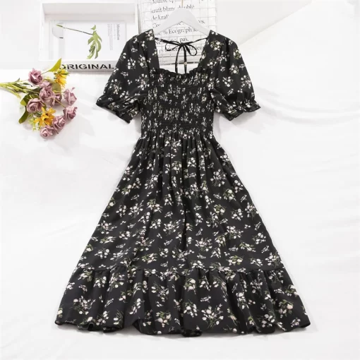 Spring Summer Short Sleeve Chiffon Dresses Fashion Female Elastic Waist Pleated Casual Dress Women A line.jpg (1)