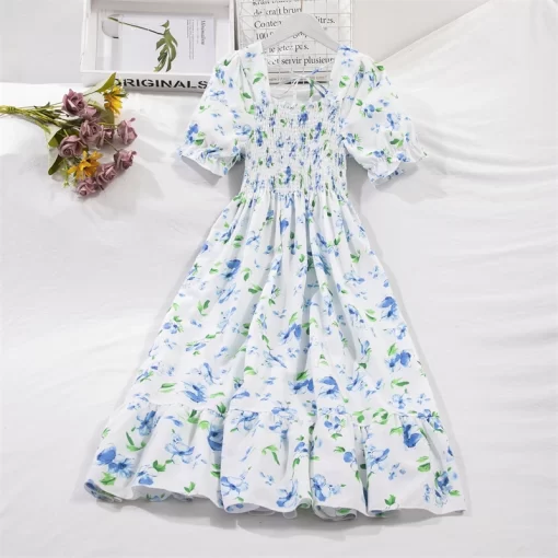 Spring Summer Short Sleeve Chiffon Dresses Fashion Female Elastic Waist Pleated Casual Dress Women A line.jpg (3)