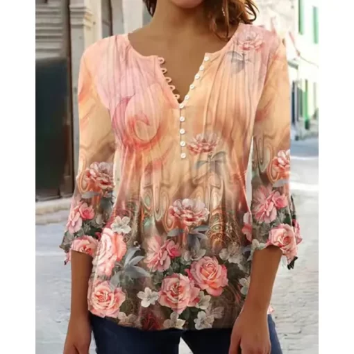 Summer Women s V Neck Button T Shirt Street New Fashion Loose Seven Point Sleeve Shirt.jpg 640x640.jpg (1)