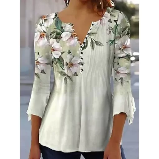 Summer Women s V Neck Button T Shirt Street New Fashion Loose Seven Point Sleeve Shirt.jpg 640x640.jpg (5)