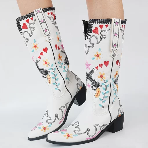 T0YHBONJOMARISA Brand Cowboy Embroidery Floral Western Boots For Women Slip On Mid Calf Boots Woman Casual