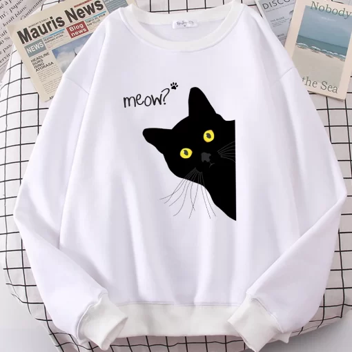 T3eWMeow Black Cat Printed Mens Sweatshirts Funny Cute Long Sleeves Casual Personality Clothes Fleece Autumn Warm