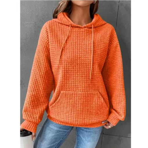 TAmuWomen s Solid Color Sweatshirt Autumn Winter Hooded Sweatshirt Waffle Round Neck Long Sleeve Sweatshirt