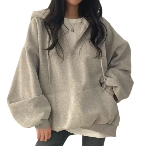 TF0fWomen Hoodie Harajuku Loose Oversized Solid Color Top Half Zip Up Sweatshirt Female Casual Long Sleeve