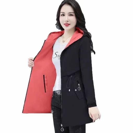 TSb5Double Sided Trench Coat Women 2022 New Spring Autumn Clothes Hooded Large Size Long Windbreaker Jacket