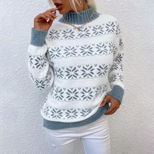 TVVuChristmas Jumpers for Women 2023 Winter Mock Neck Full Sleeve Soft Loose Jacquard Sweater Warm Thicken