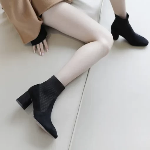 U7K0Pointed Ankle Boots Winter Women New Casual Chelsea Boots Women Medium Heel Knitted Sock Boots Women