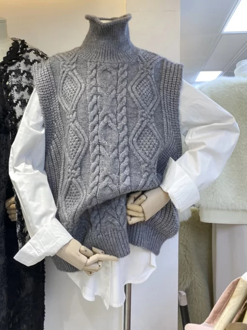 UCXQ Twist Pattern Knitted Sweaters Vest Women Korean Fashion Turtleneck Waistcoat 2023 Spring Summer Sleeveless Pullover.jpg
