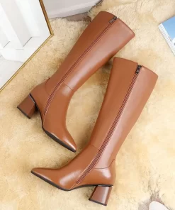 UWBgShoes for Woman Long Winter Knee High Shaft Footwear Leather Women s Boots Fur Brown Pointed