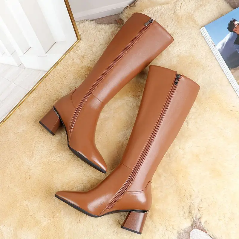 UWBgShoes for Woman Long Winter Knee High Shaft Footwear Leather Women s Boots Fur Brown Pointed