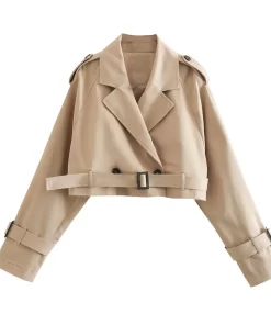 UjVEKhaki Cropped Trench Women Long Sleeves Cropped Design Jacket Chic Lady High Street Casual Loose Coats