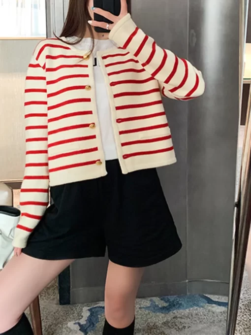 VEbWWomen Single Breasted Striped Cardigan Jacket O Neck Long Sleeve Casual Slim Short Knitted Coat for