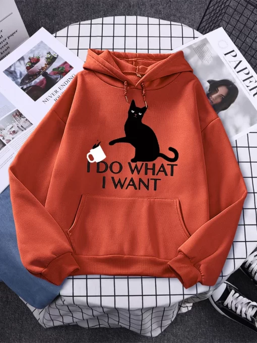 VgmRI Do What I Want Black Cat Printing Hoodies Female Fashion Casual Clothing Autumn Fleece Pullover