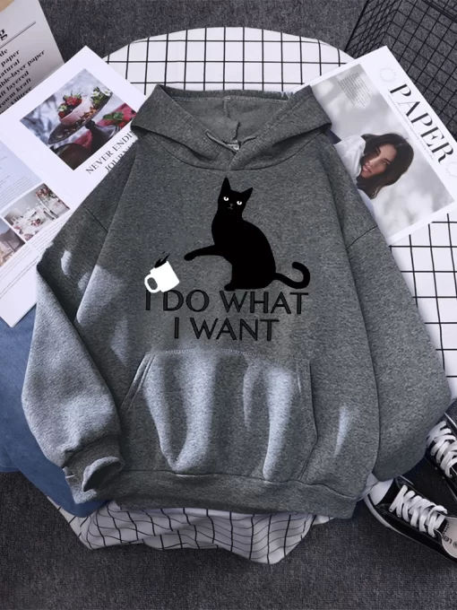 WOXSI Do What I Want Black Cat Printing Hoodies Female Fashion Casual Clothing Autumn Fleece Pullover