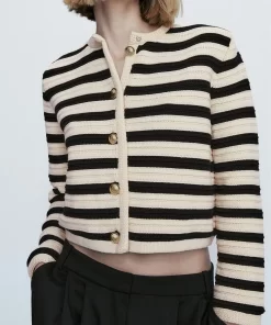 WUHJWomen Single Breasted Striped Cardigan Jacket O Neck Long Sleeve Casual Slim Short Knitted Coat for