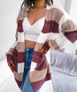 WbwLWomen Casual Long Sleeve Striped Knitted Sweater Cardigan For Autumn Winter 2023