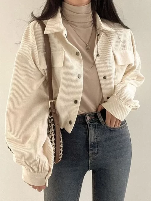 WnhNWomen Vintage Corduroy Cropped Jacket Korean Fashion Long Sleeve Drawstring Blouses Female Loose Single Breasted Coats