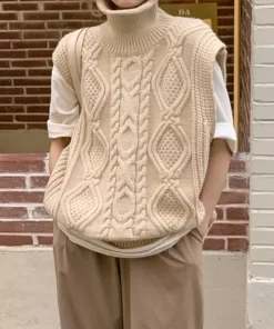WsV8UCXQ Twist Pattern Knitted Sweaters Vest Women Korean Fashion Turtleneck Waistcoat 2023 Spring Summer Sleeveless Pullover