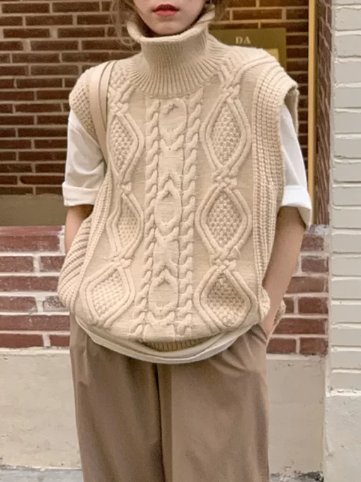 WsV8UCXQ Twist Pattern Knitted Sweaters Vest Women Korean Fashion Turtleneck Waistcoat 2023 Spring Summer Sleeveless Pullover