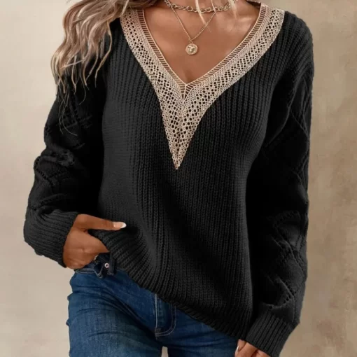 X0EVAutumn Winter V neck Lace Patchwork Sweater Women Loose Casual Fashion All match Knitted Pullovers Ladies