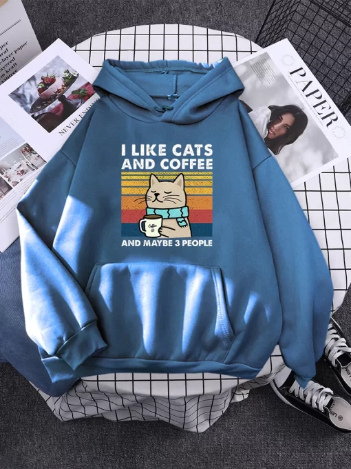 X8Xfi like cats and coffee Printed Women Hoody Kpop Comfortable Tracksuit Solid Hooded Sportswear Personality Warm