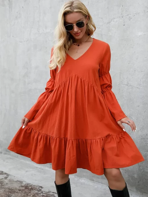 XIjEOversize Loose Dress Women Summer Bohemian Mini Dress Female Fashion V Neck Long Sleeve Big Swing