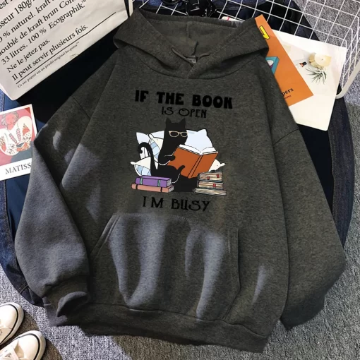 XW8LIf The Book Is Open I m Busy Black Cat Hoody Women Casual Crewneck Hoodies Fashion