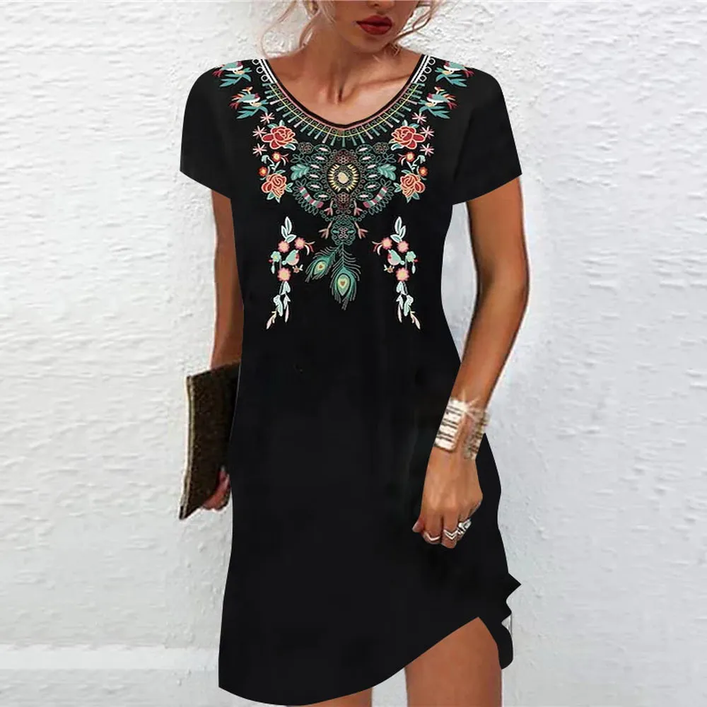 XXLKM 3XL Vintage Elegant Ethnic Dress for Women 2023 Summer Loose Bohemian Beach Midi Dress Casual