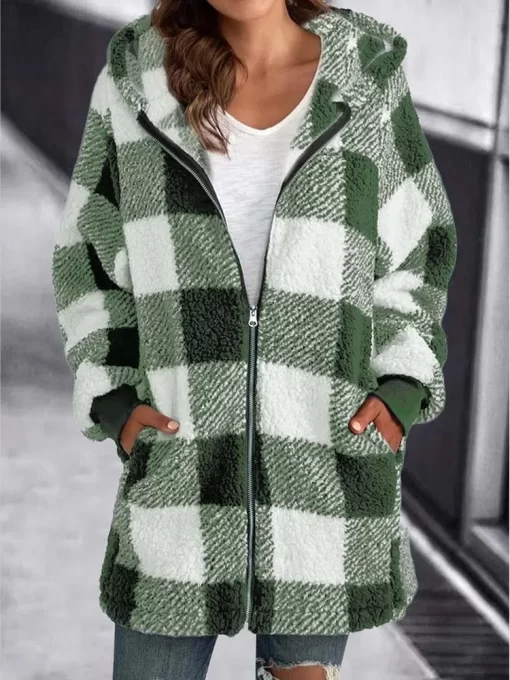Xiw92022 Autumn Winter Plaid Faux Fur Coat Women Teddy Coat Hooded Jackets Female Furry Teddy Bear