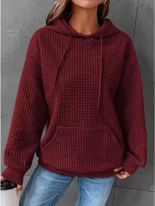 XnjdWomen s Solid Color Sweatshirt Autumn Winter Hooded Sweatshirt Waffle Round Neck Long Sleeve Sweatshirt