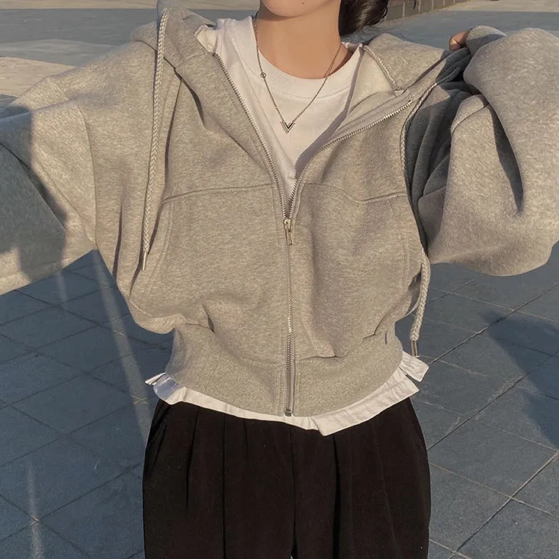 XzorWomen Hoodies 2023 Autumn Retro Solid Color Zip Up Oversized Sweatshirts Harajuku Korean Version Long Sleeve