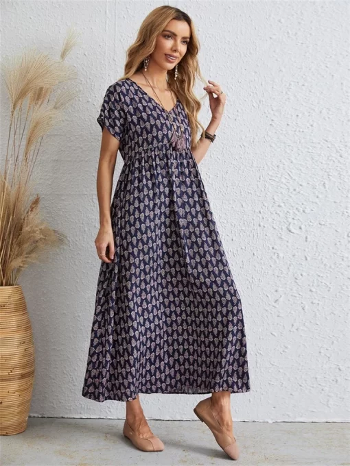 Y4zGOversized Loose Vintage Dress Women Summer Bohemian Maxi Dress Female Elegant Casual Short Sleeve Long Beach