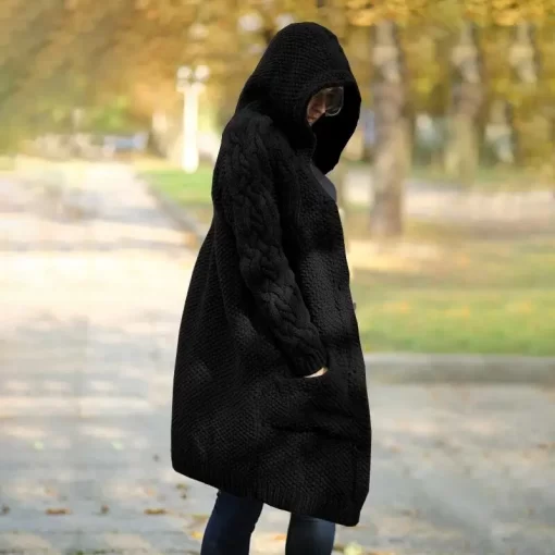 YtXkAutumn Winter Ladies Warm Long Sweater Coat 2023 Fashion Women Hooded Thickened Medium Overcoat Female Knitted
