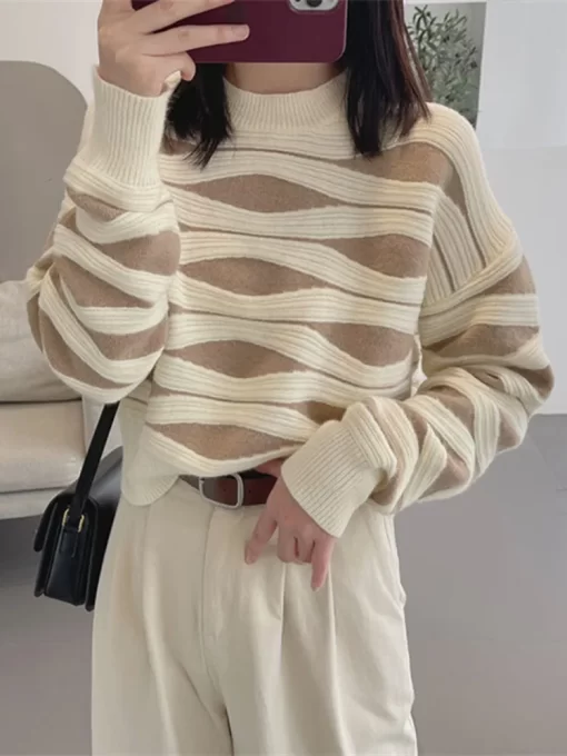 YwJXWomen s Winter Sweater 2023 Oversize Loose Pullover Casual Korean Fashion Print Striped Knitted Pullover for
