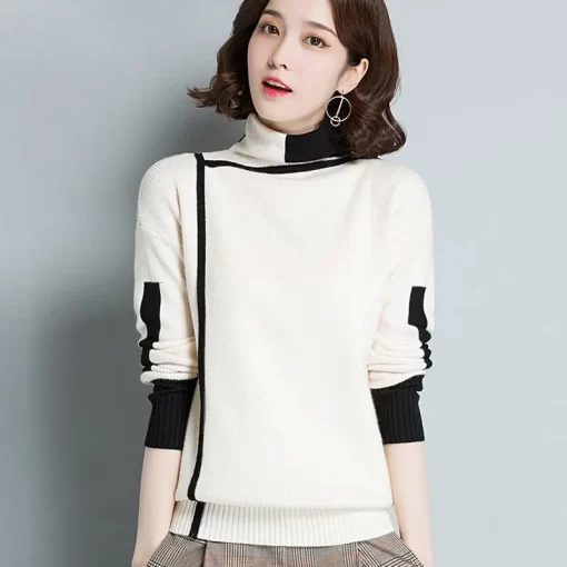 ZxWlVintage Women Turtleneck Knitted Sweater Pullovers Spring Autumn Korean Fashion Cootrast Color Loose Casual Long Sleeve