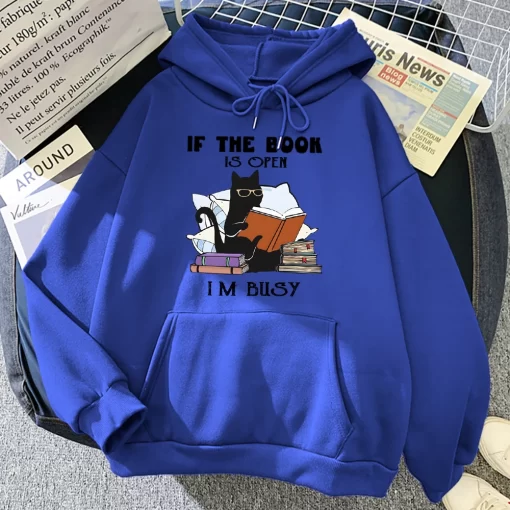 a3kDIf The Book Is Open I m Busy Black Cat Hoody Women Casual Crewneck Hoodies Fashion