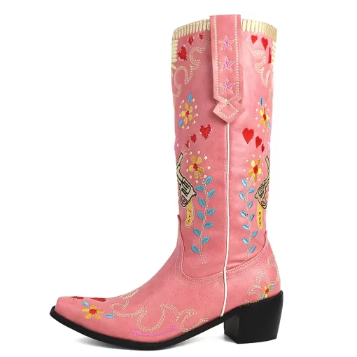 aeITBONJOMARISA Brand Cowboy Embroidery Floral Western Boots For Women Slip On Mid Calf Boots Woman Casual